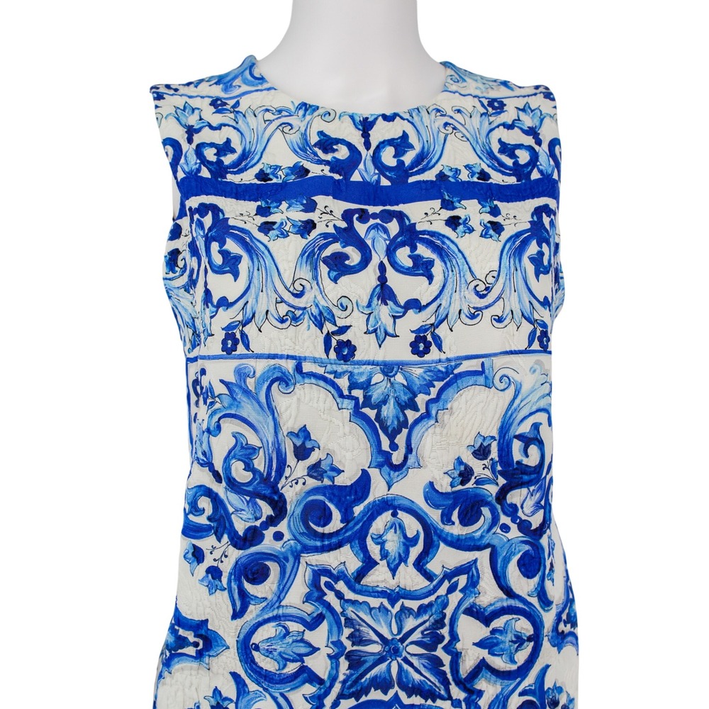Dolce & Gabbana Blue White Majolica Tile Brocade Shift Mini Dress IT 46 US 10 - Picture 2 of 8